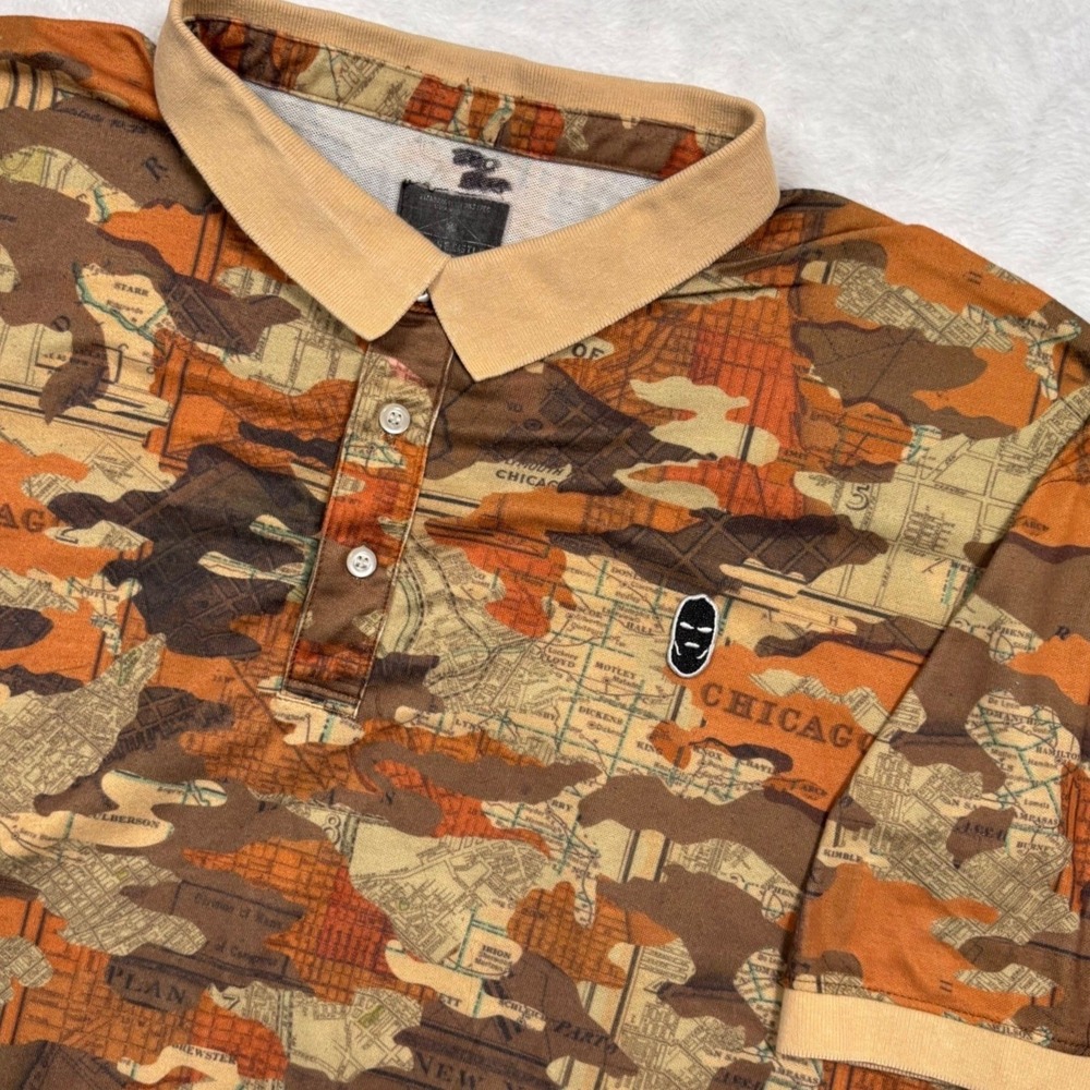 Y2K Crooks & Castles Camo Polo Shirt Men 2XL Brown Orange Map LA Chicago RARE